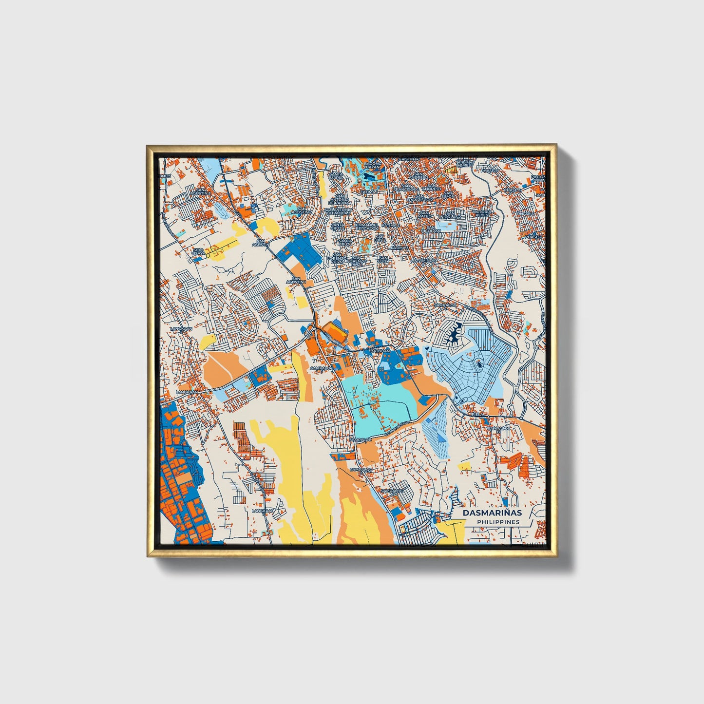 Dasmariñas Philippines Colorful City Map Canvas Print • Gold Framed