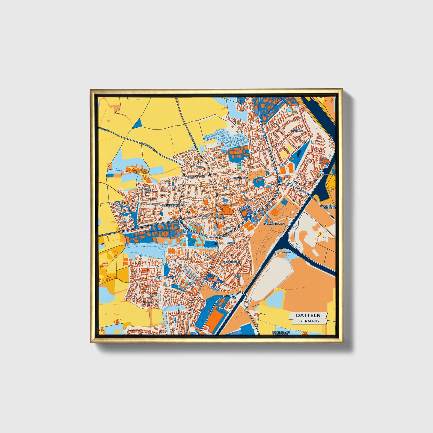 Datteln Germany Colorful City Map Canvas Print • Gold Framed