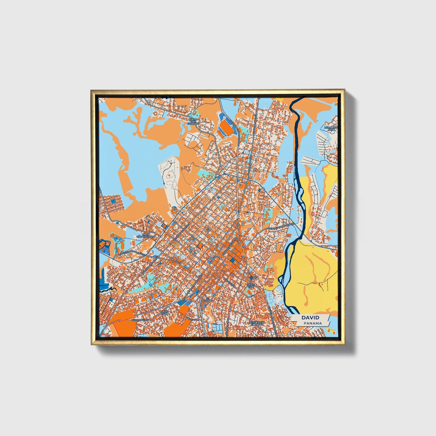 David Panama Colorful City Map Canvas Print • Gold Framed