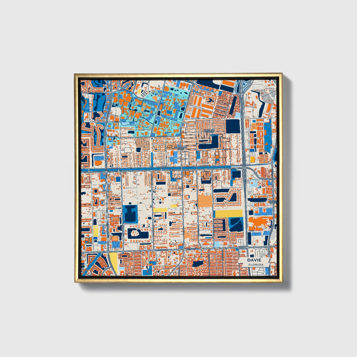 Davie Florida Colorful City Map Canvas Print • Gold Framed