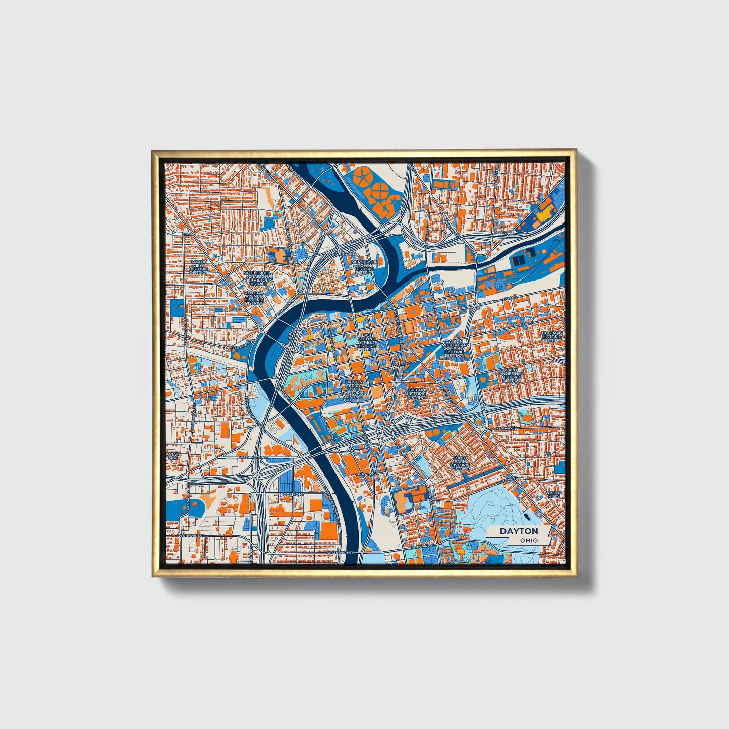 Dayton Ohio Colorful City Map Canvas Print • Gold Framed