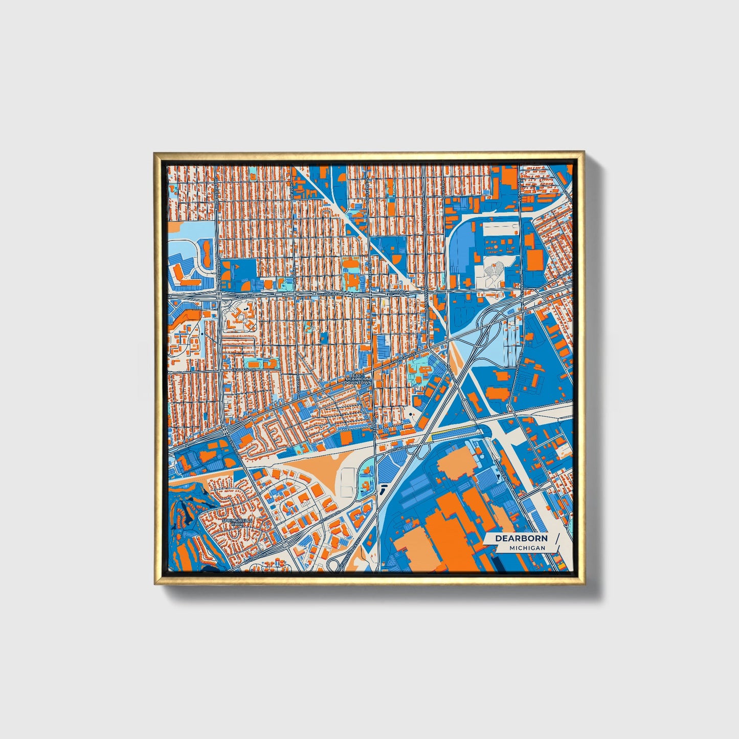 Dearborn Michigan Colorful City Map Canvas Print • Gold Framed