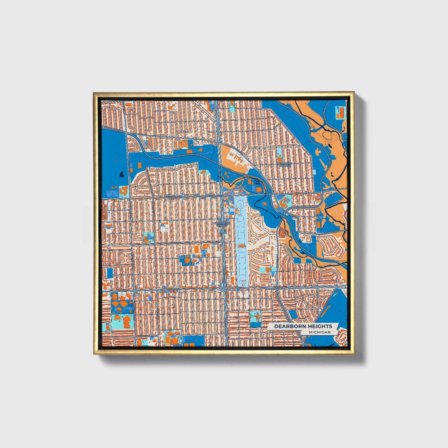 Dearborn Heights Michigan Colorful City Map Canvas Print • Gold Framed