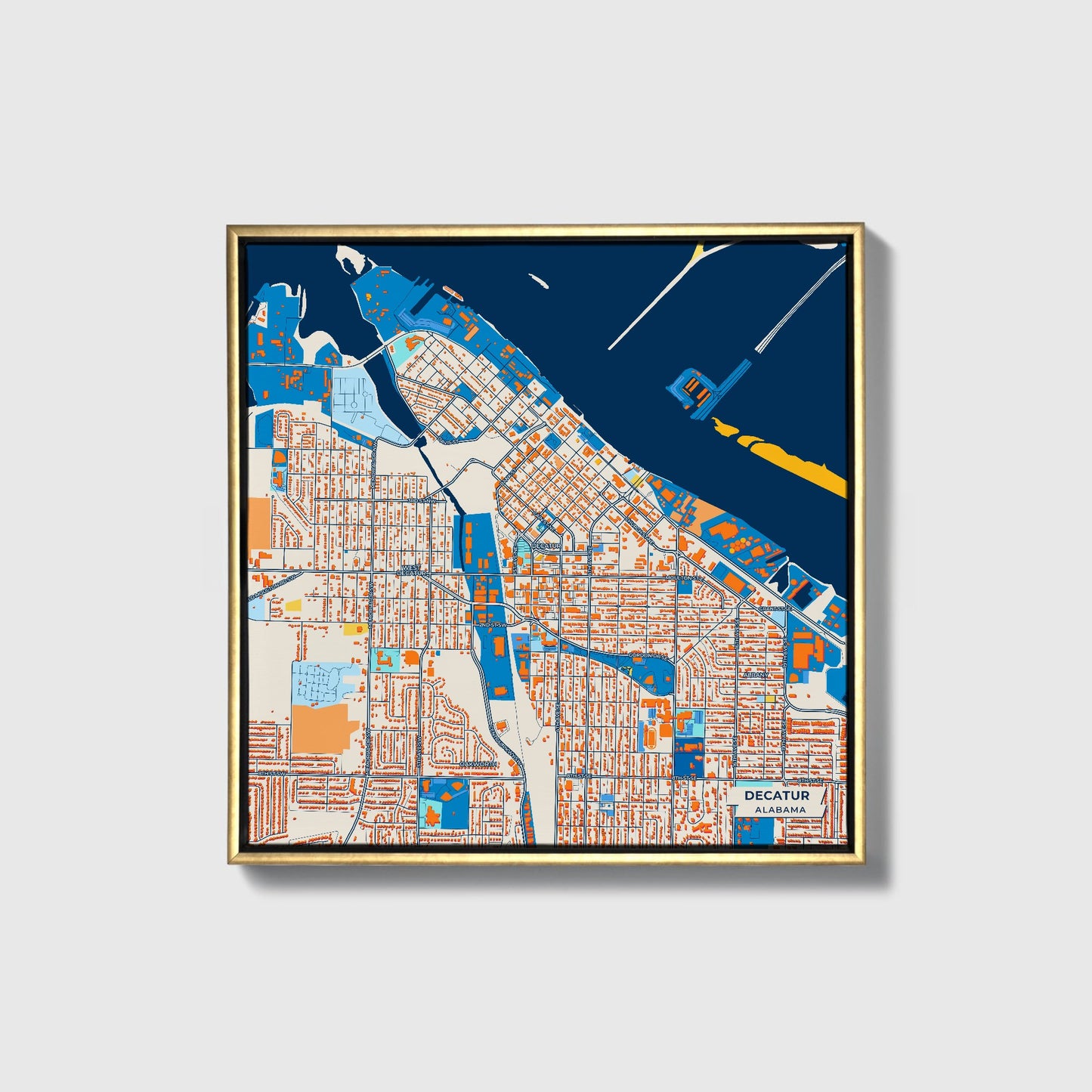 Decatur Alabama Colorful City Map Canvas Print • Gold Framed