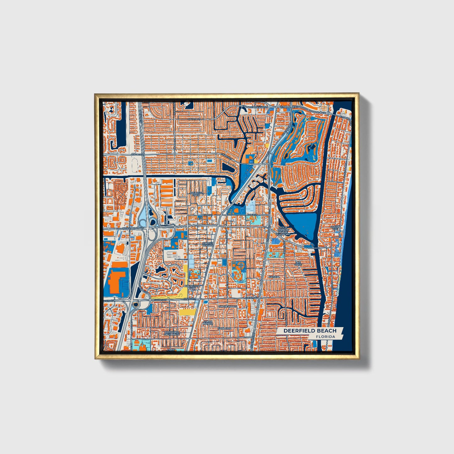 Deerfield Beach Florida Colorful City Map Canvas Print • Gold Framed