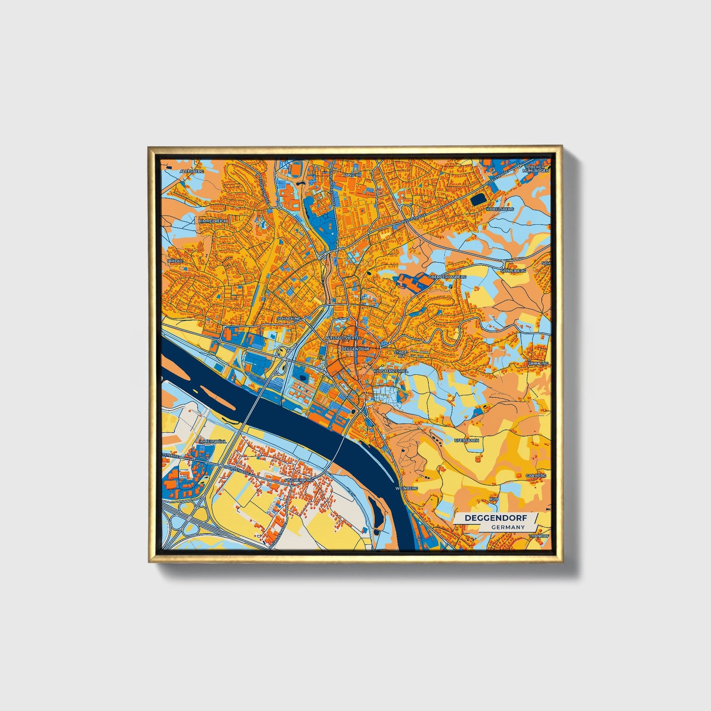 Deggendorf Germany Colorful City Map Canvas Print • Gold Framed
