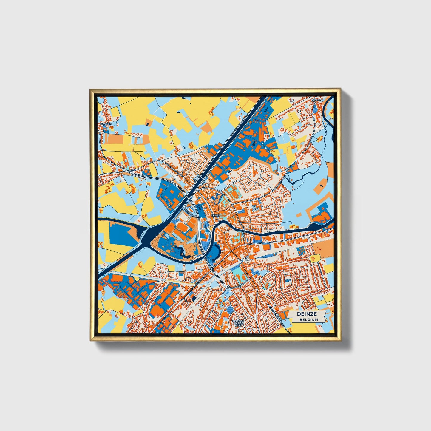 Deinze Belgium Colorful City Map Canvas Print • Gold Framed