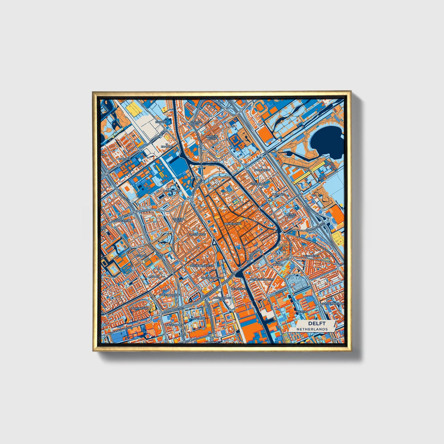 Delft Netherlands Colorful City Map Canvas Print • Gold Framed