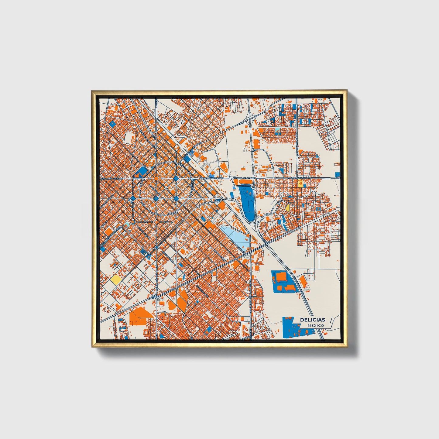 Delicias Mexico Colorful City Map Canvas Print • Gold Framed