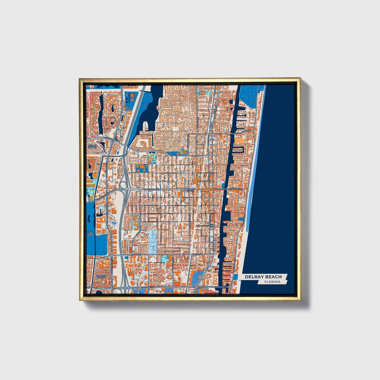 Delray Beach Florida Colorful City Map Canvas Print • Gold Framed