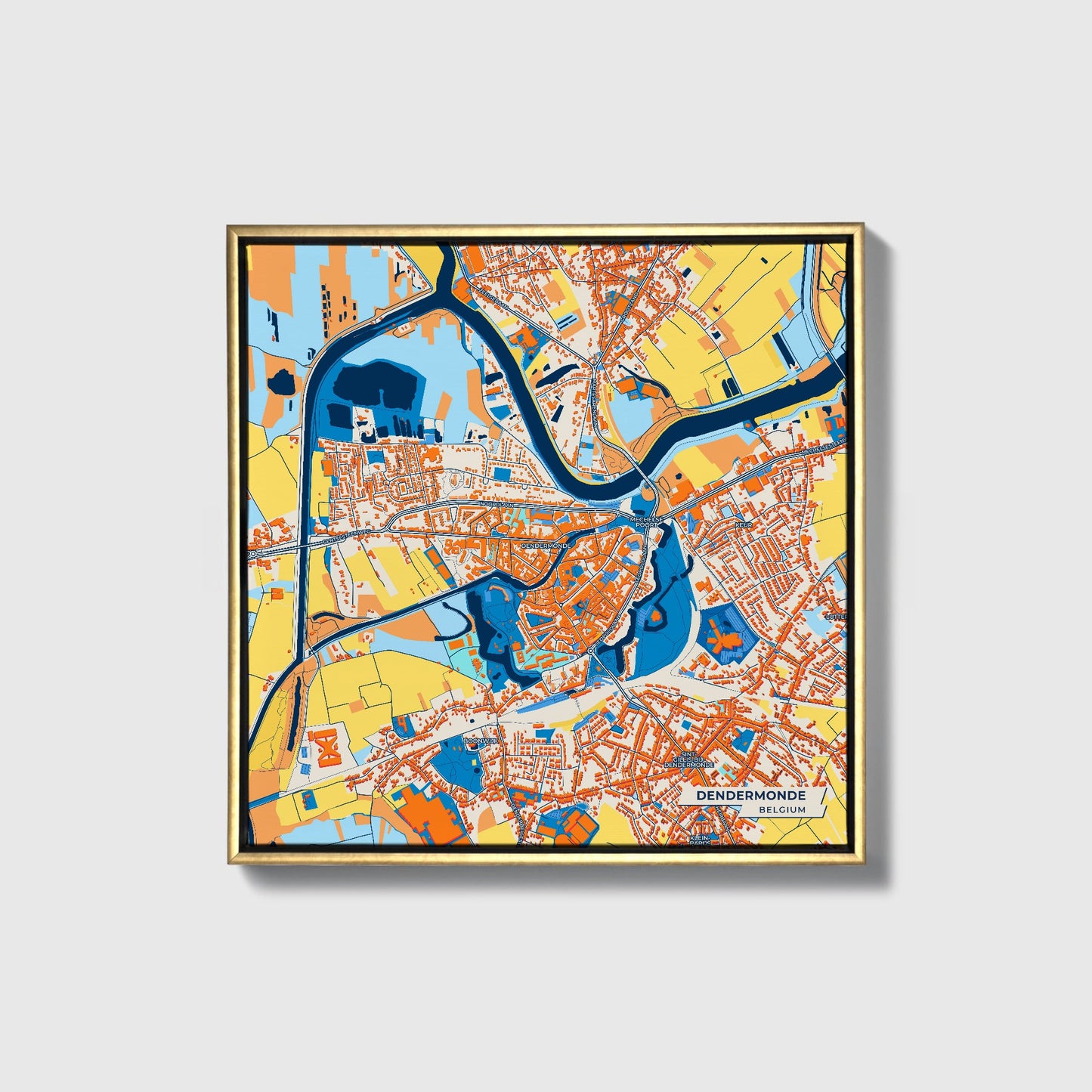 Dendermonde Belgium Colorful City Map Canvas Print • Gold Framed