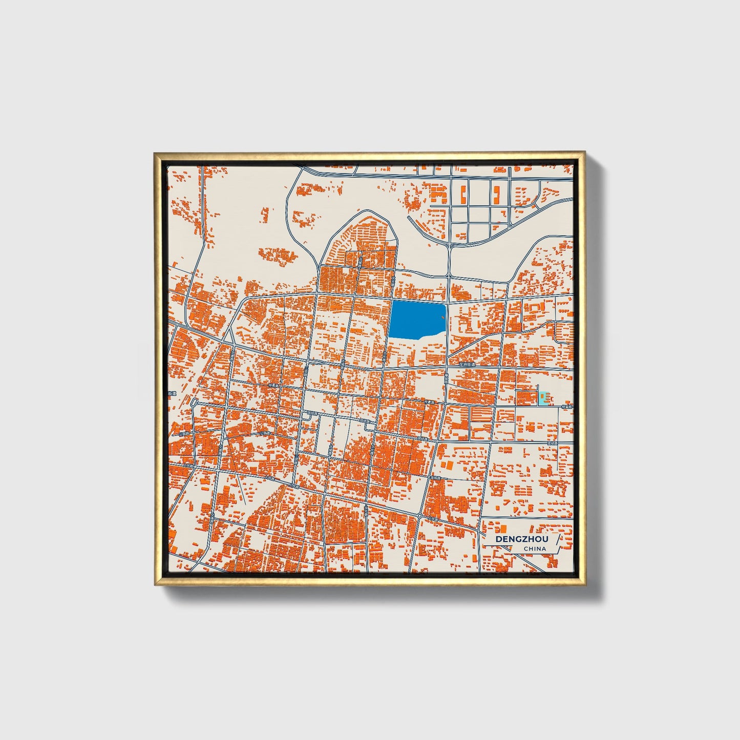 Dengzhou China Colorful City Map Canvas Print • Gold Framed