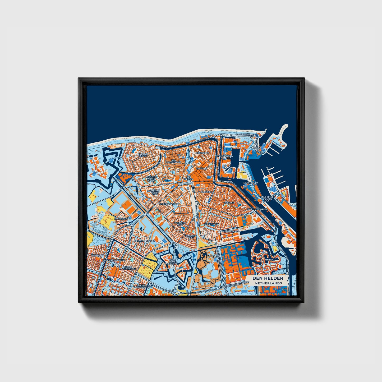 Denhelder Netherlands Colorful City Map Canvas Print • Black Framed