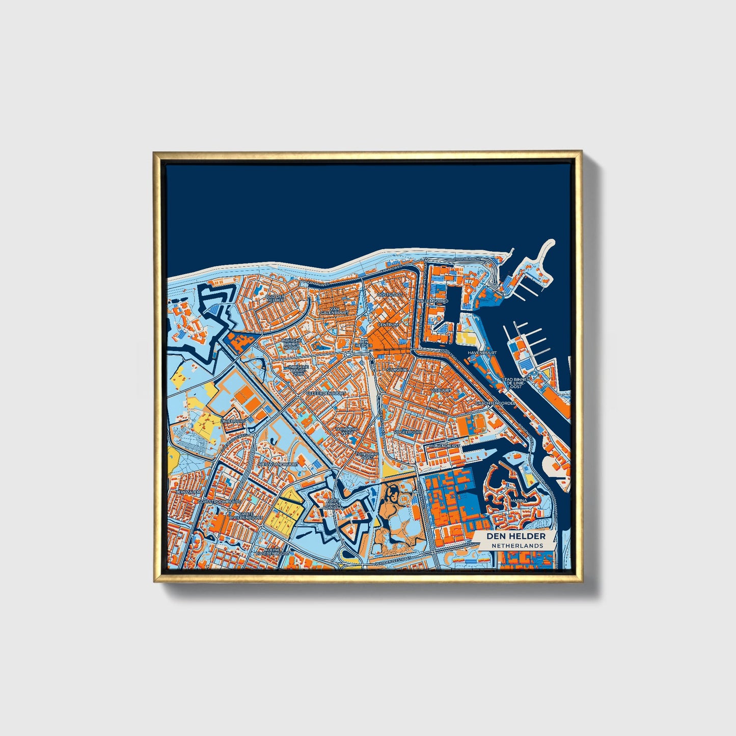 Denhelder Netherlands Colorful City Map Canvas Print • Gold Framed