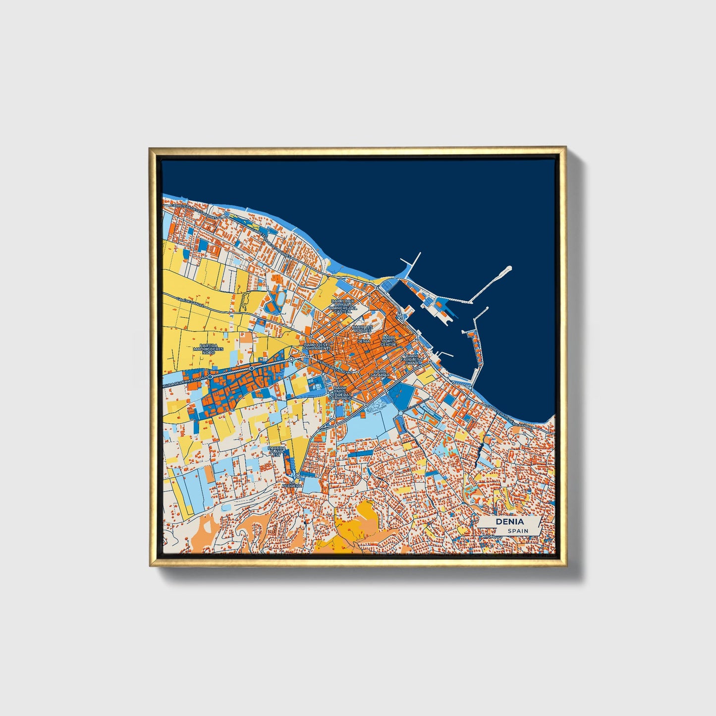Denia Spain Colorful City Map Canvas Print • Gold Framed