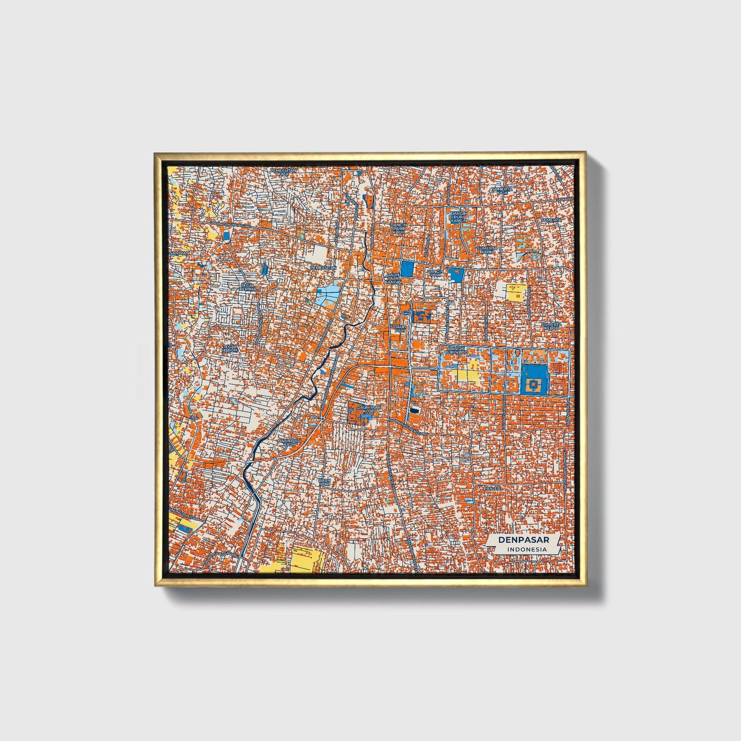 Denpasar Indonesia Colorful City Map Canvas Print • Gold Framed