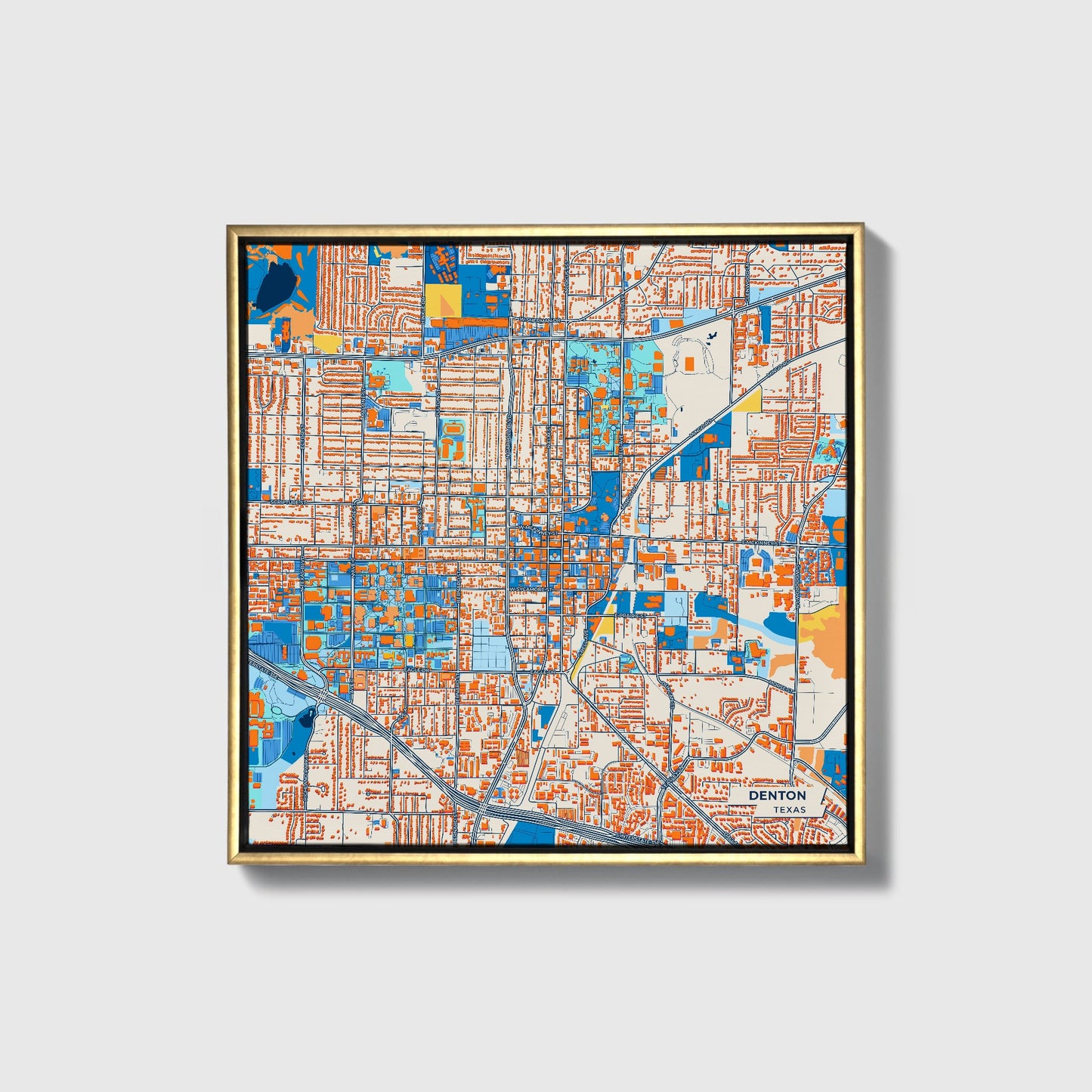 Denton Texas Colorful City Map Canvas Print • Gold Framed