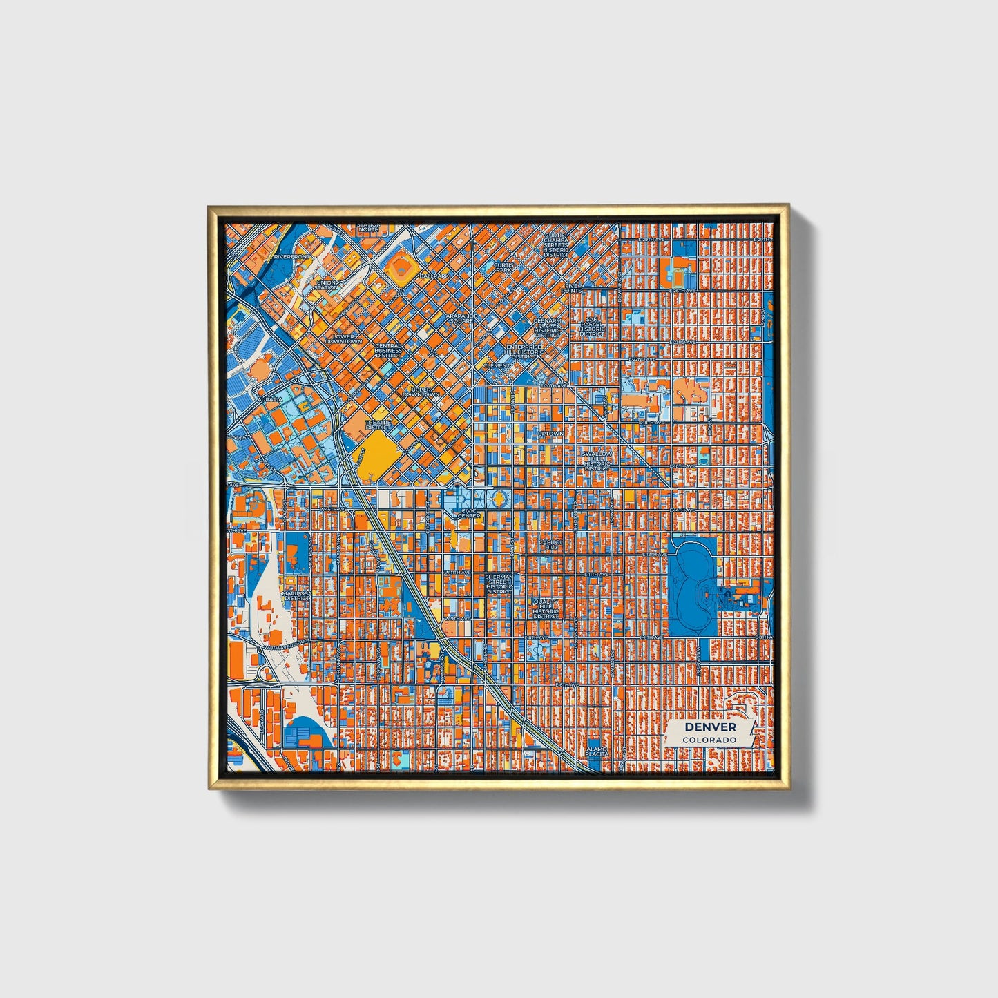 Denver Colorado Colorful City Map Canvas Print • Gold Framed