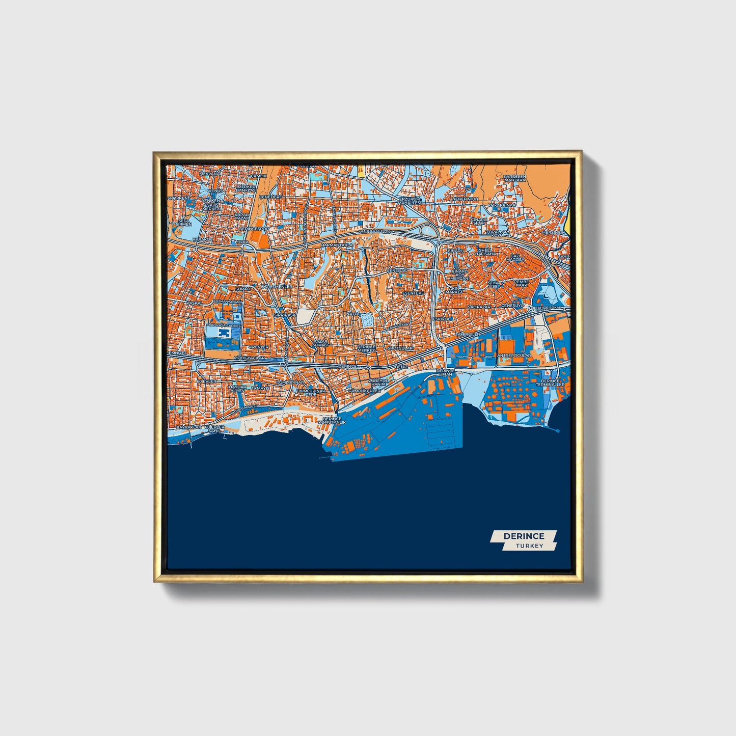 Deri̇nce Turkey Colorful City Map Canvas Print • Gold Framed