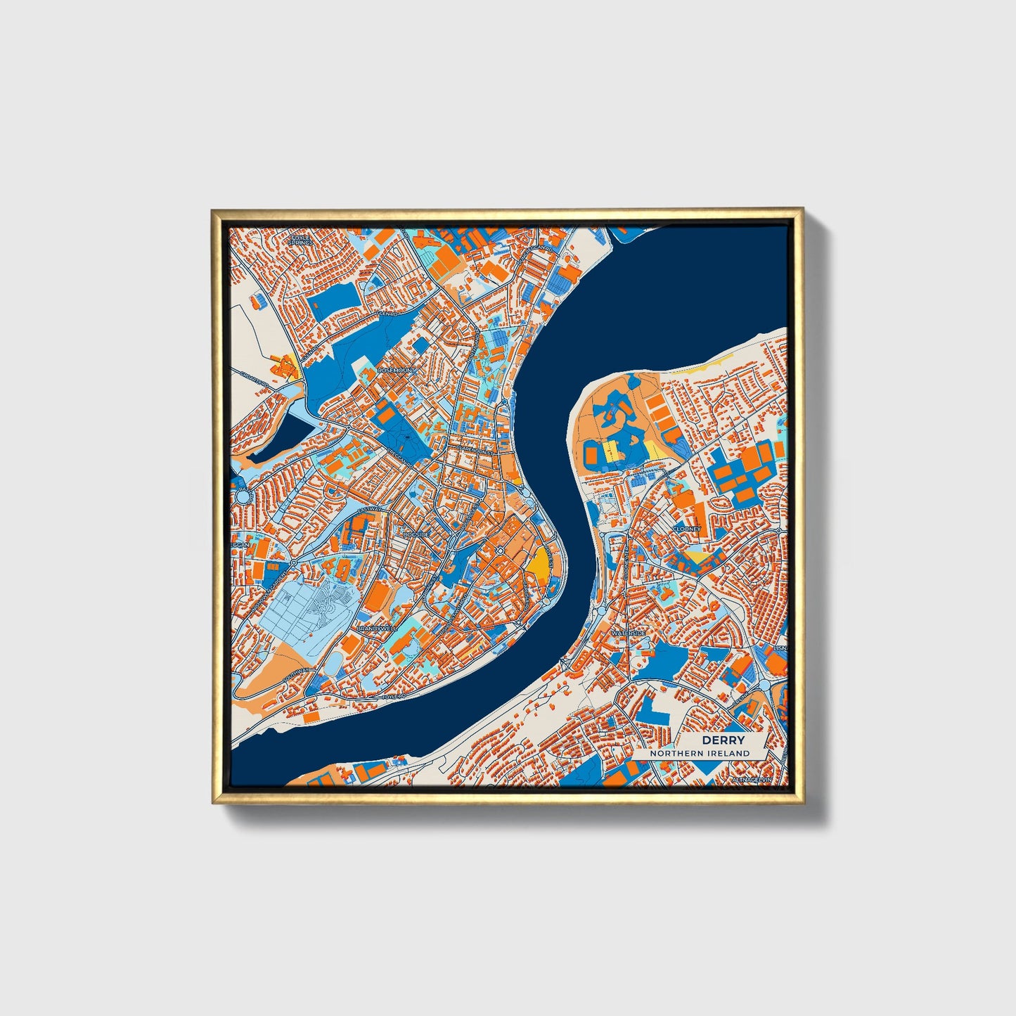 Derry Northern Ireland Colorful City Map Canvas Print • Gold Framed