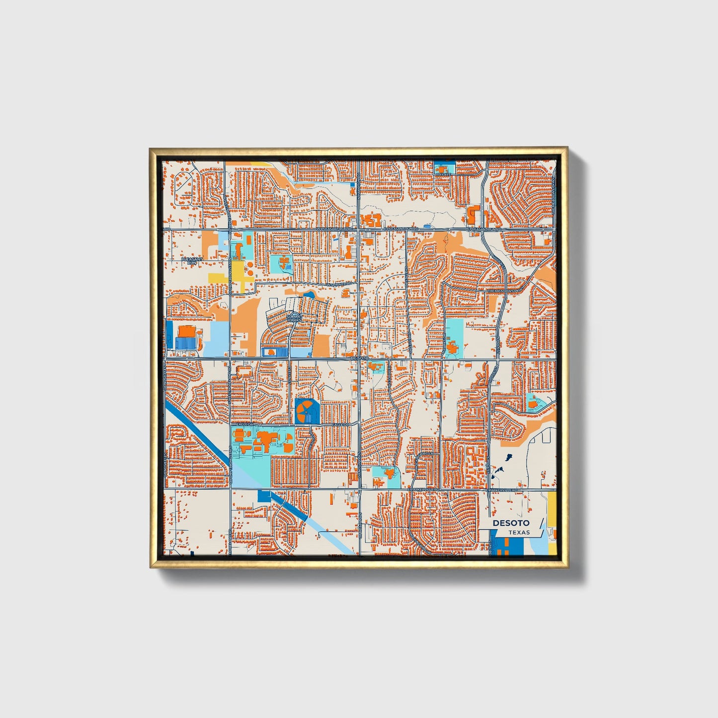 Desoto Texas Colorful City Map Canvas Print • Gold Framed