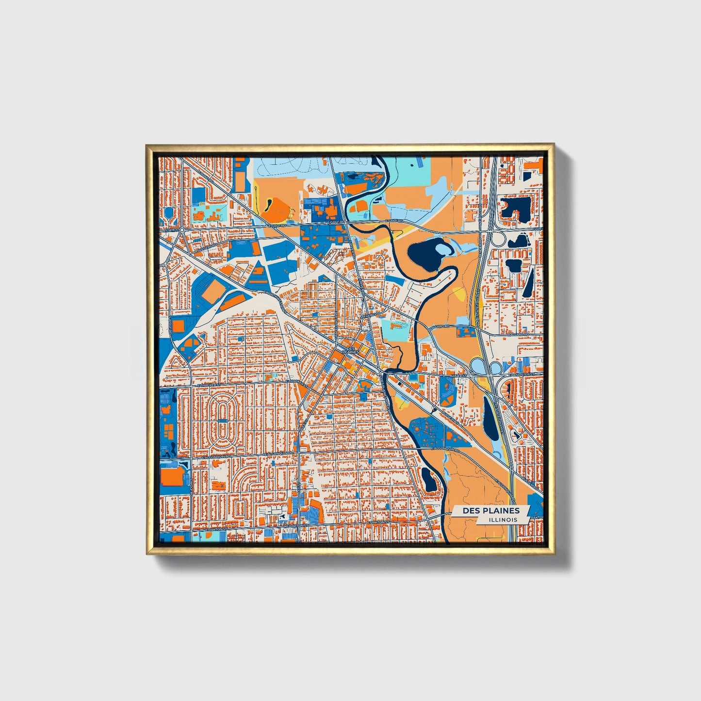 Des Plaines Illinois Colorful City Map Canvas Print • Gold Framed
