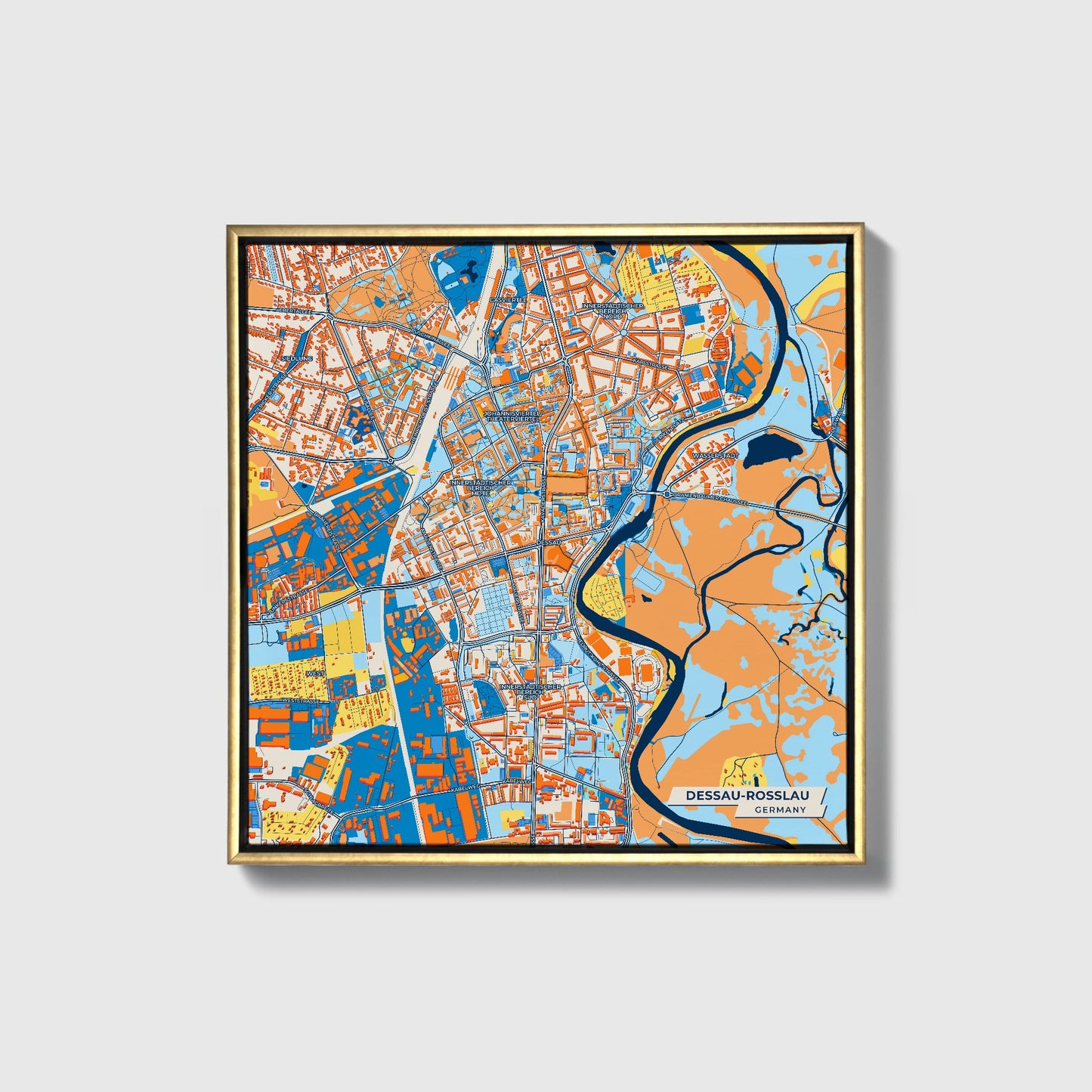 Dessau-Rosslau Germany Colorful City Map Canvas Print • Gold Framed