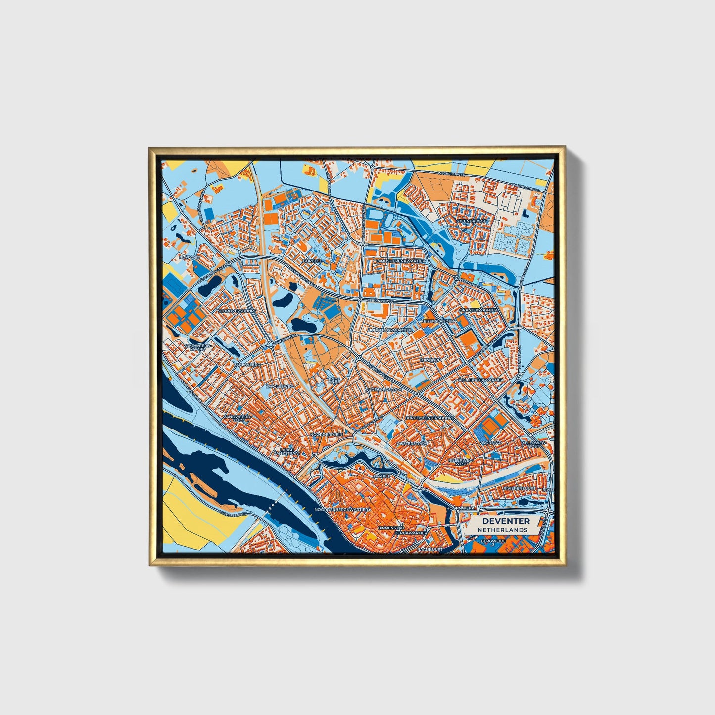 Deventer Netherlands Colorful City Map Canvas Print • Gold Framed