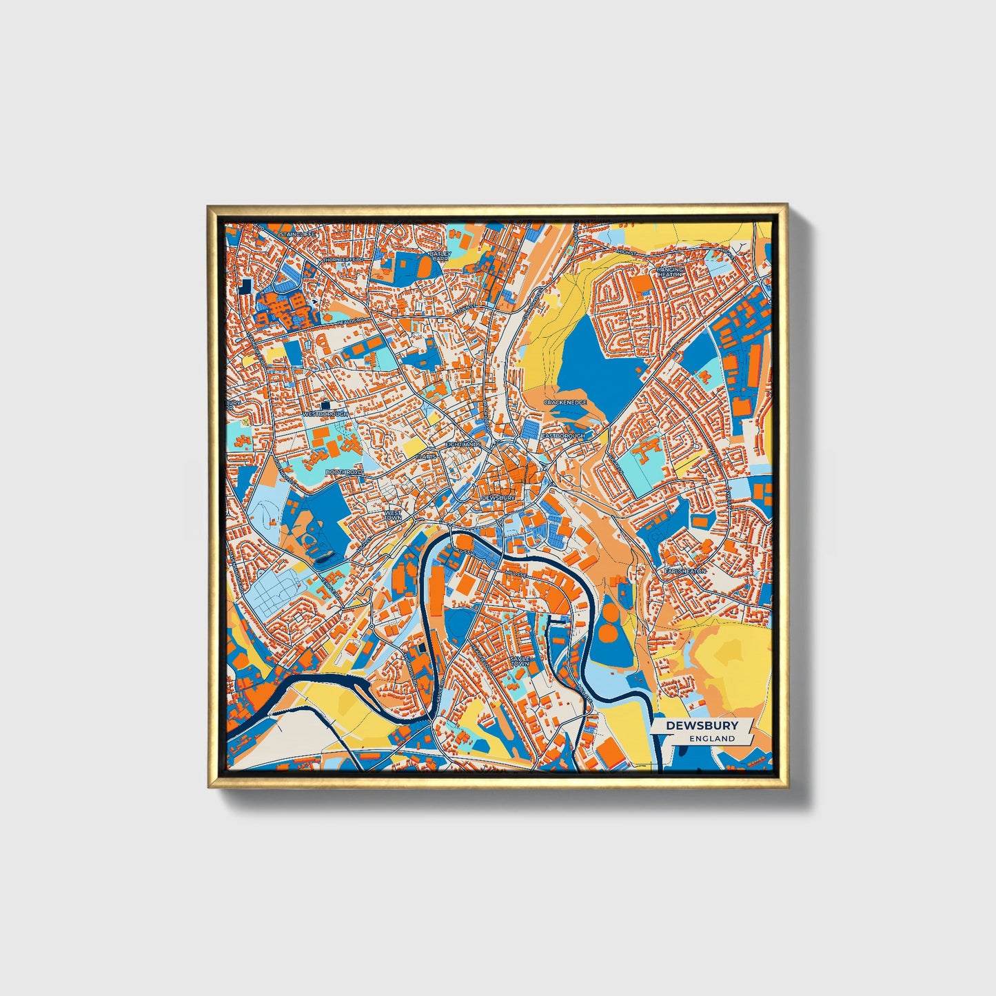 Dewsbury England Colorful City Map Canvas Print • Gold Framed