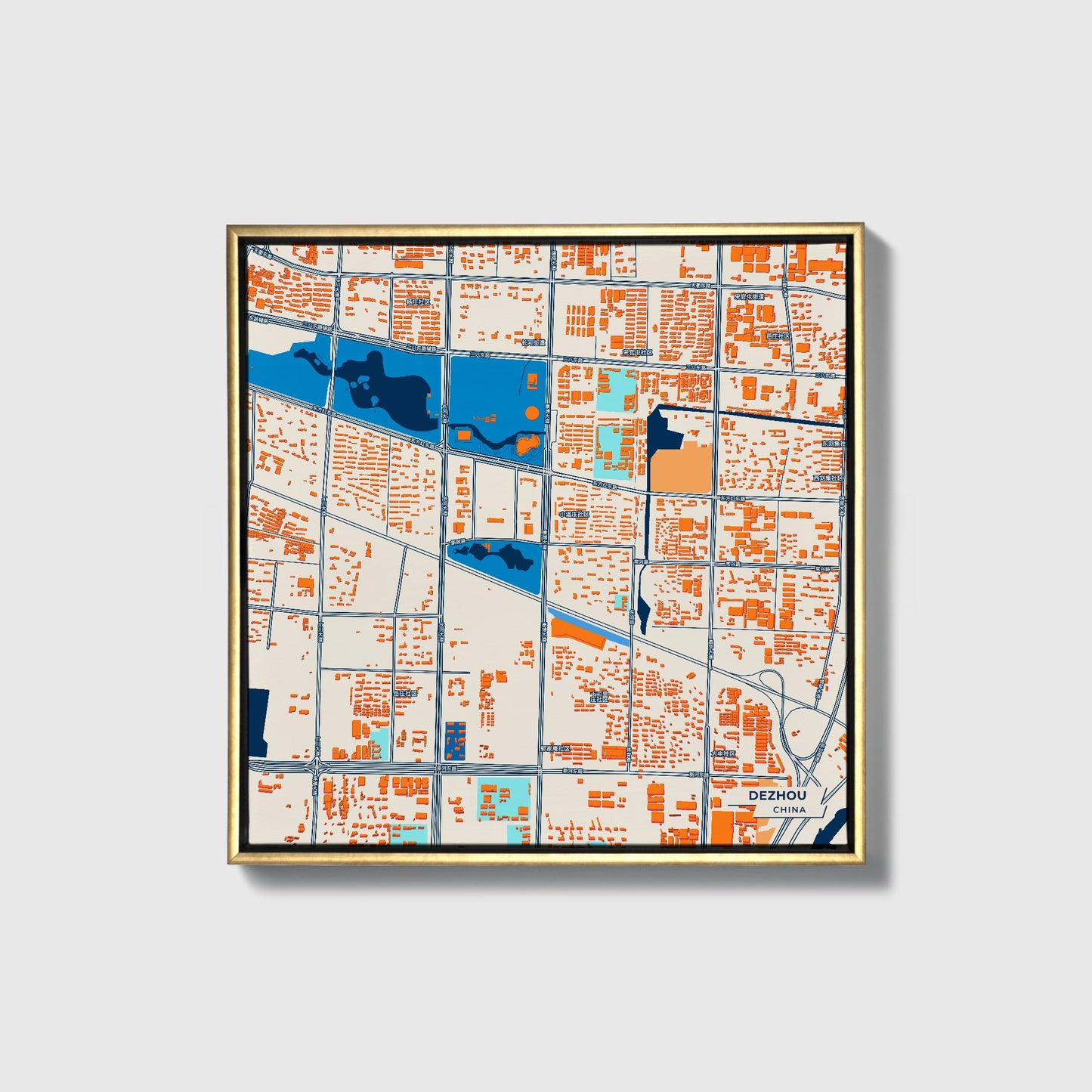 Dezhou China Colorful City Map Canvas Print • Gold Framed