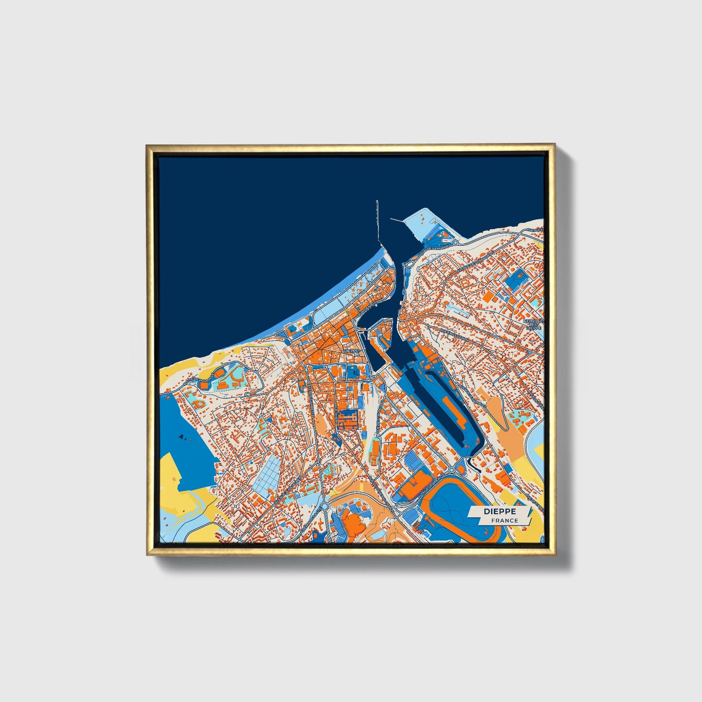 Dieppe France Colorful City Map Canvas Print • Gold Framed