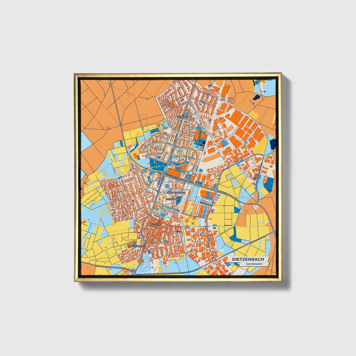 Dietzenbach Germany Colorful City Map Canvas Print • Gold Framed