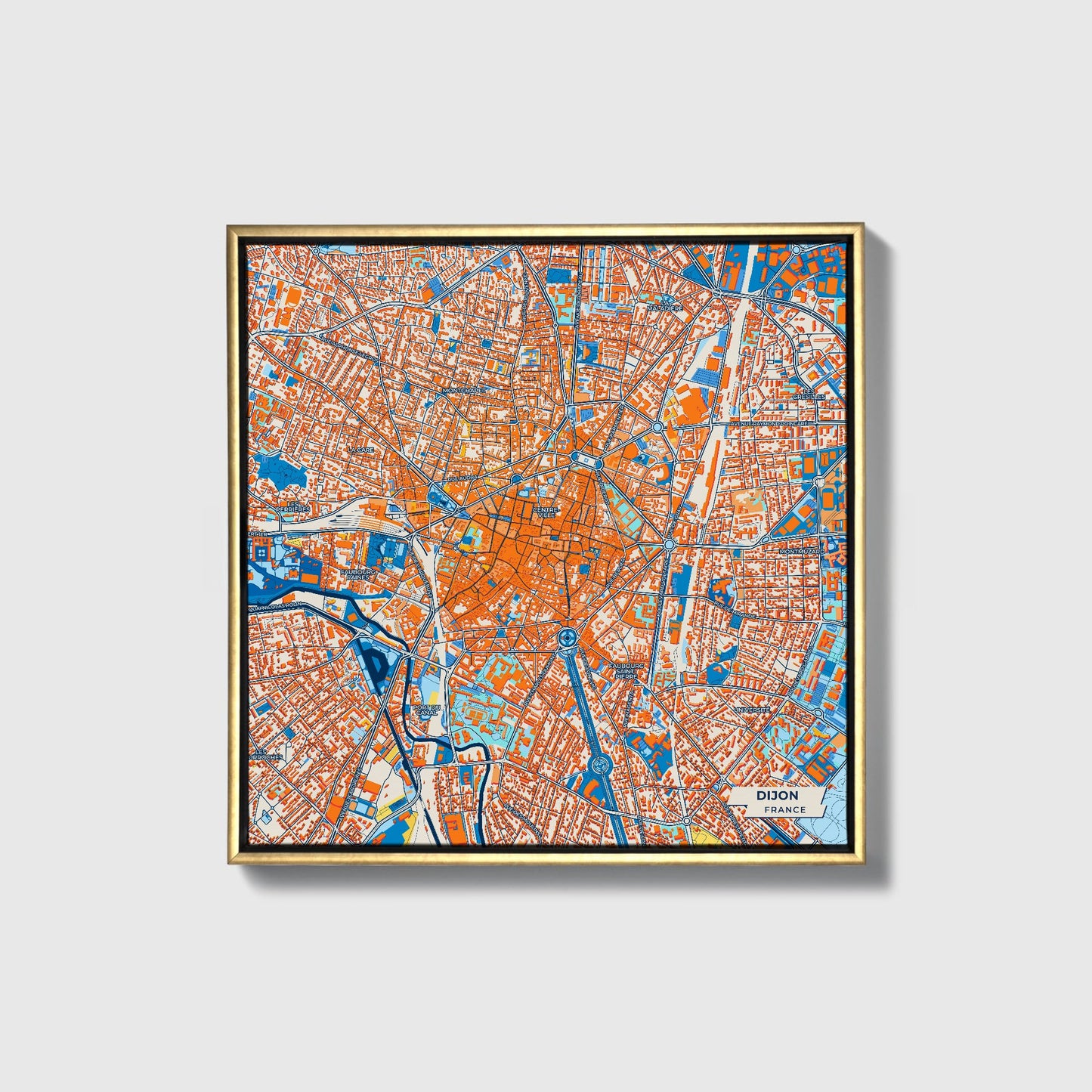 Dijon France Colorful City Map Canvas Print • Gold Framed