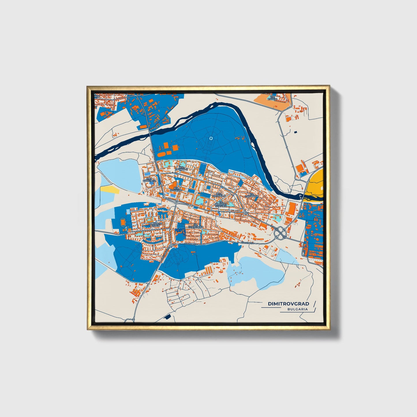 Димитровград Bulgaria Colorful City Map Canvas Print • Gold Framed