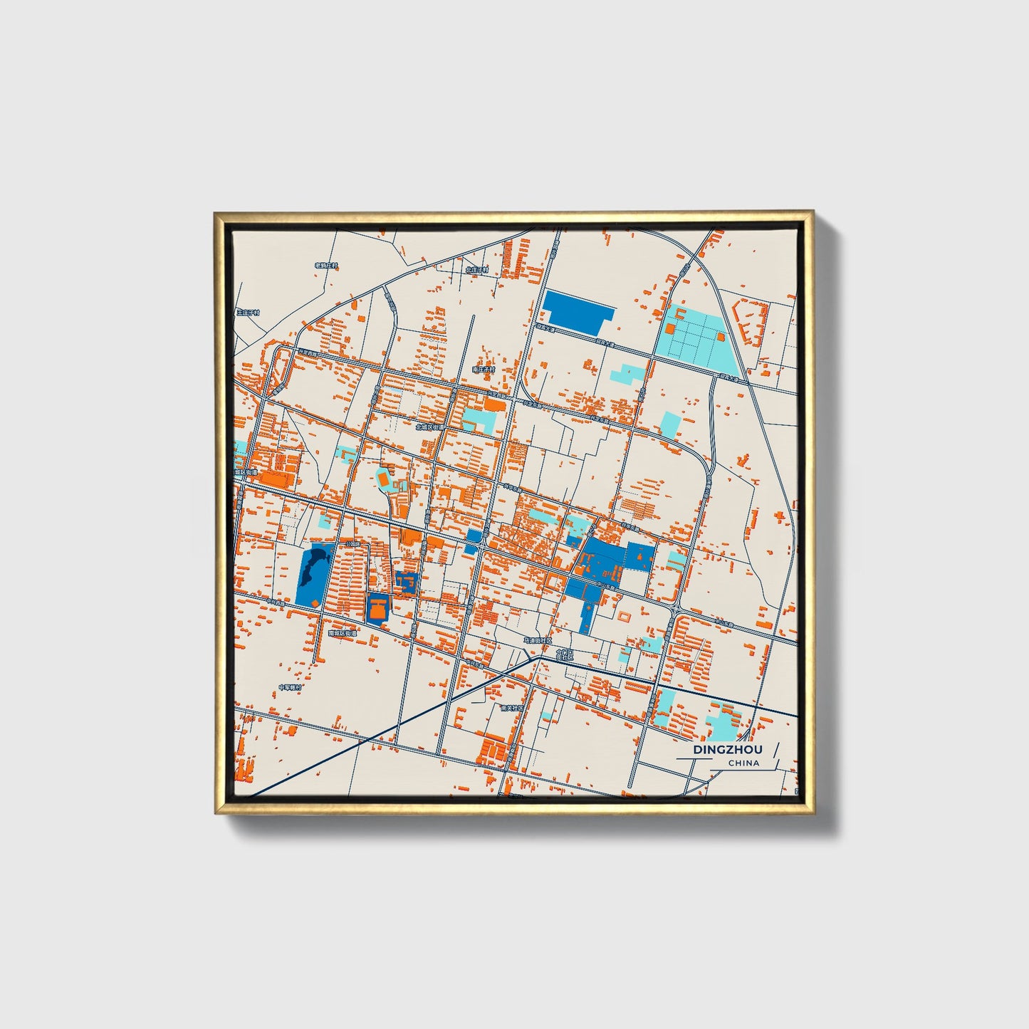 Dingzhou China Colorful City Map Canvas Print • Gold Framed