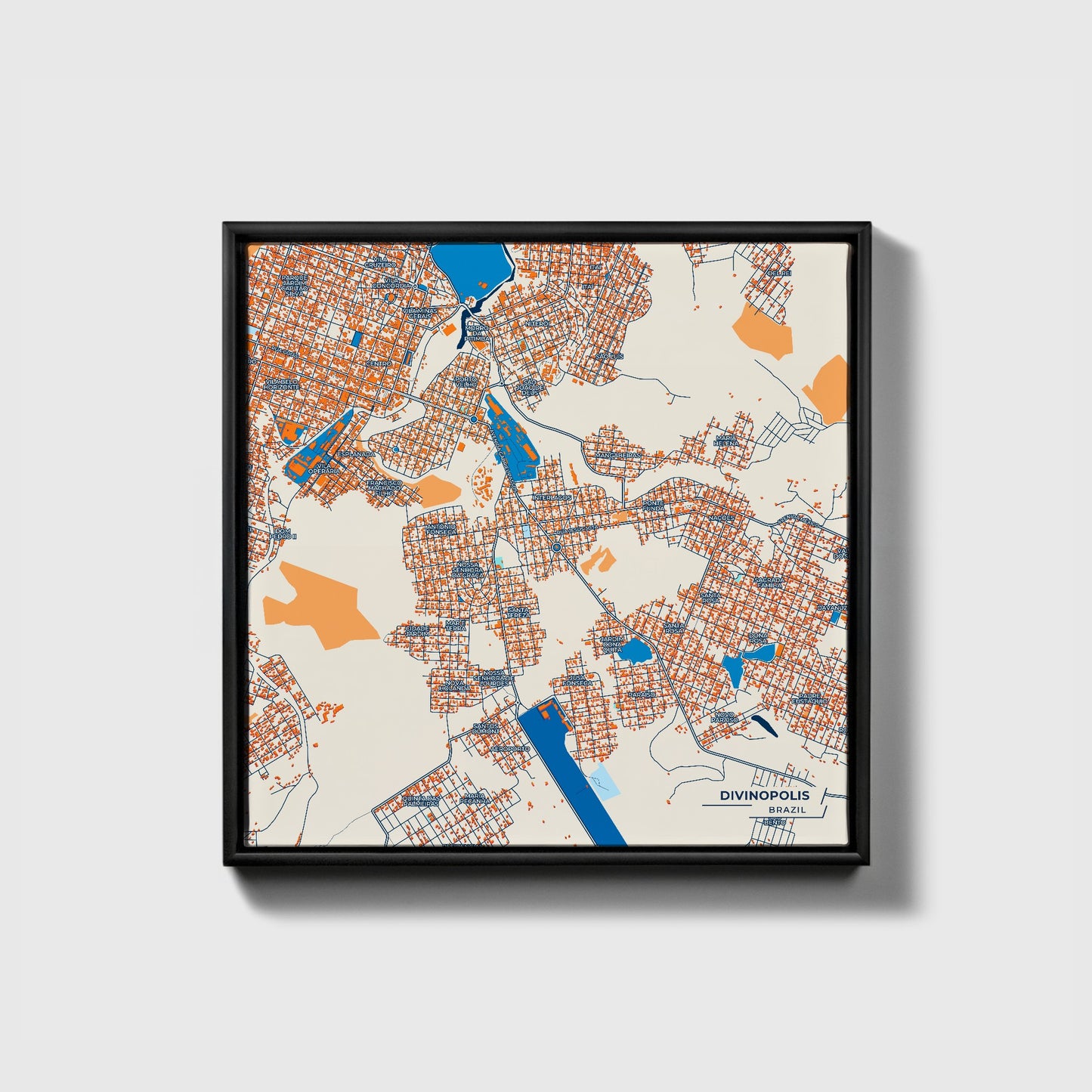 Divinopolis Brazil Colorful City Map Canvas Print • Black Framed