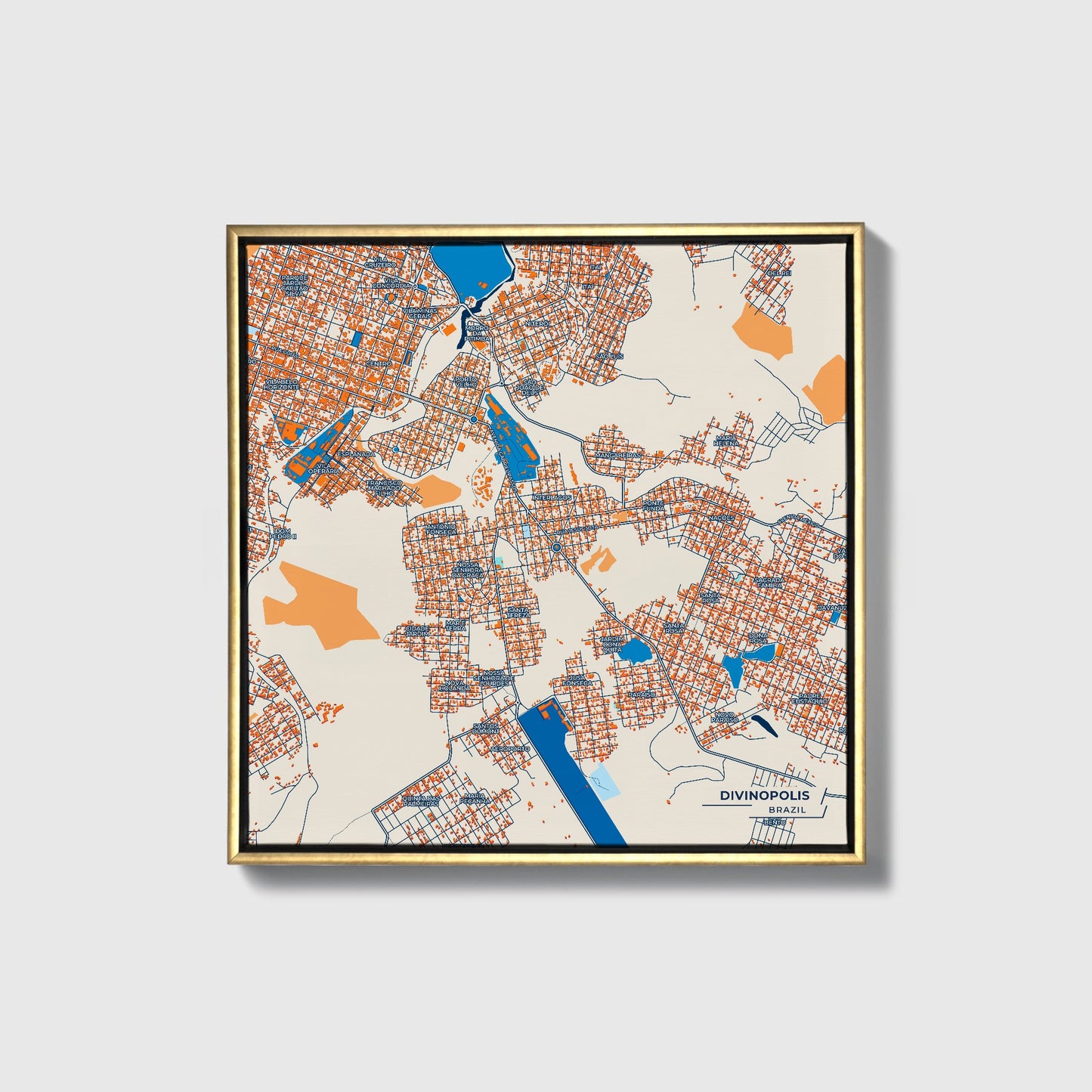Divinopolis Brazil Colorful City Map Canvas Print • Gold Framed