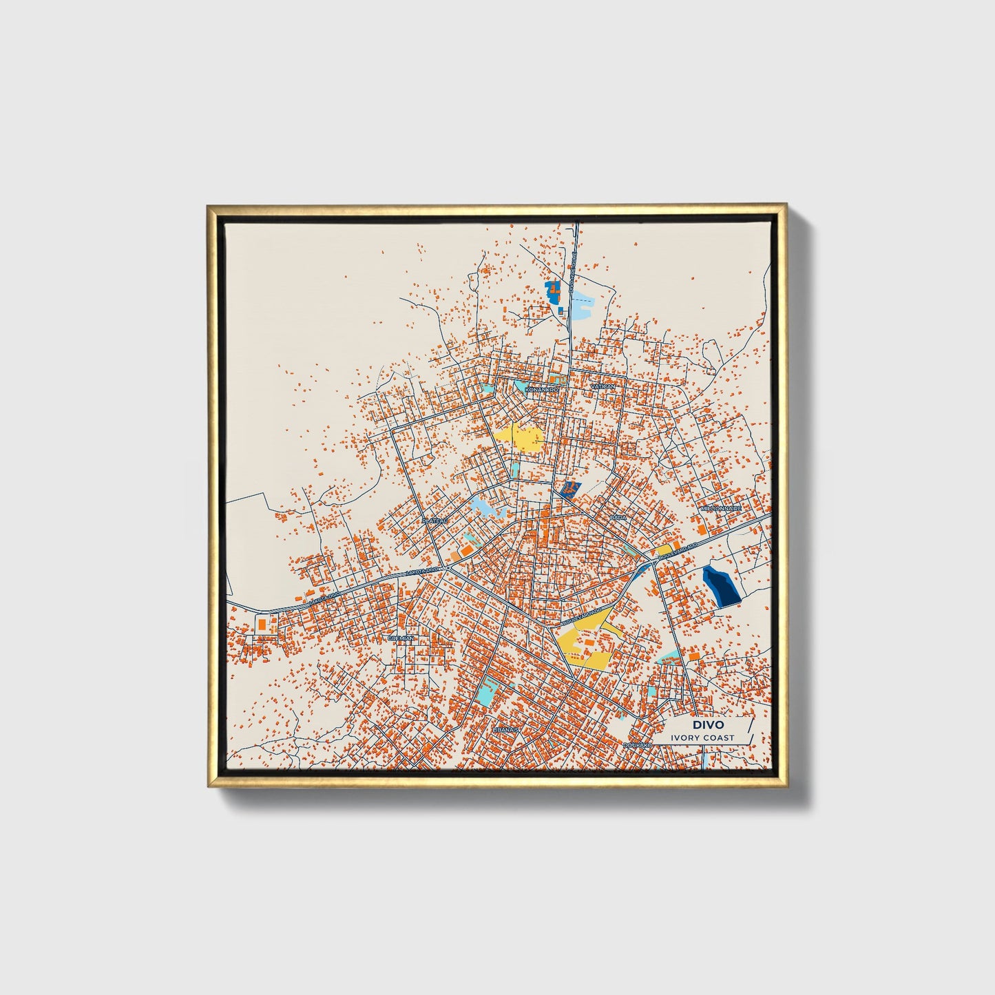 Divo Ivory Coast Colorful City Map Canvas Print • Gold Framed