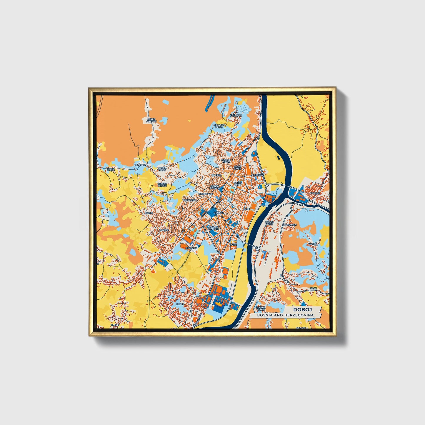 Doboj Bosnia And Herzegovina Colorful City Map Canvas Print • Gold Framed