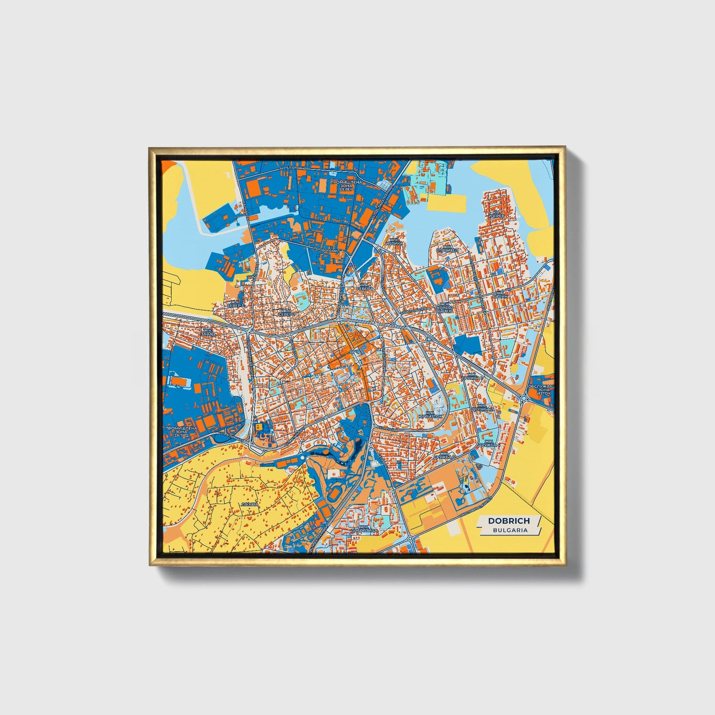 Добрич Bulgaria Colorful City Map Canvas Print • Gold Framed