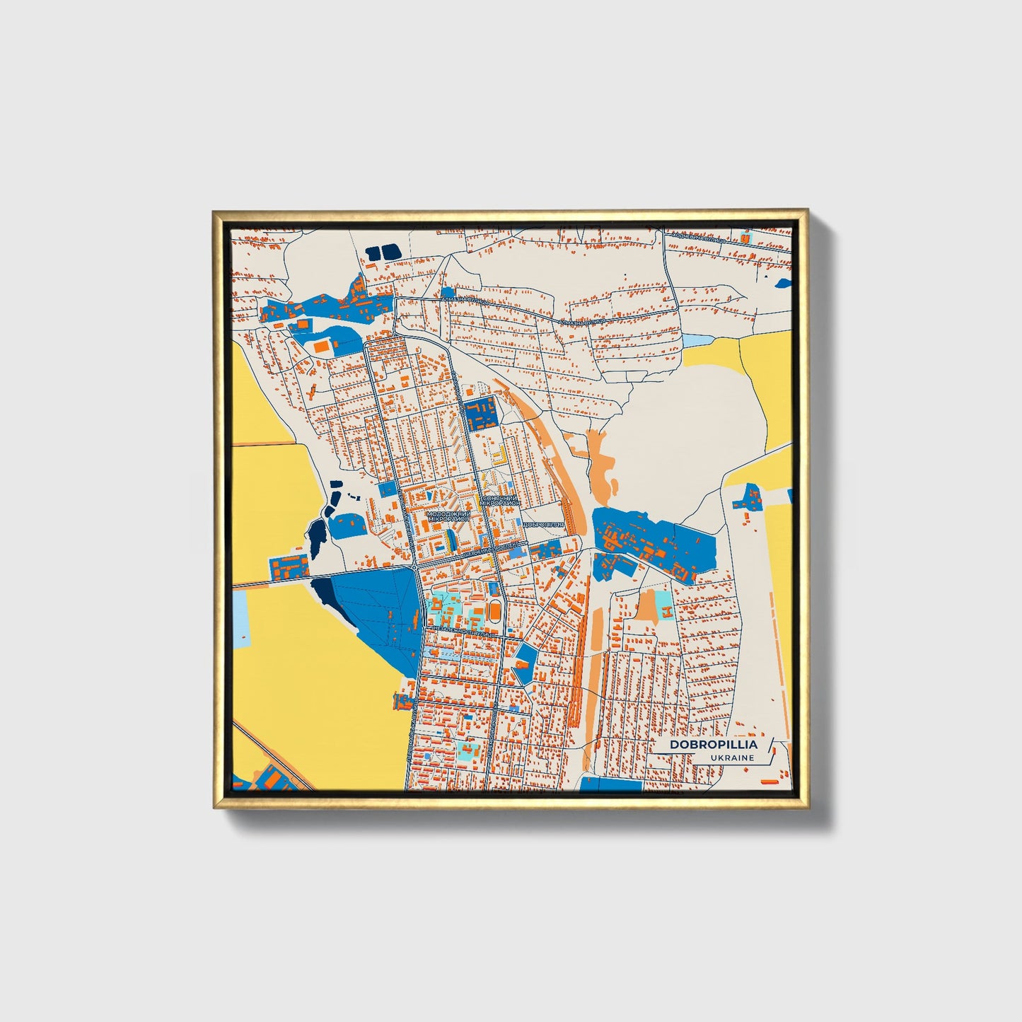 Добропілія Ukraine Colorful City Map Canvas Print • Gold Framed