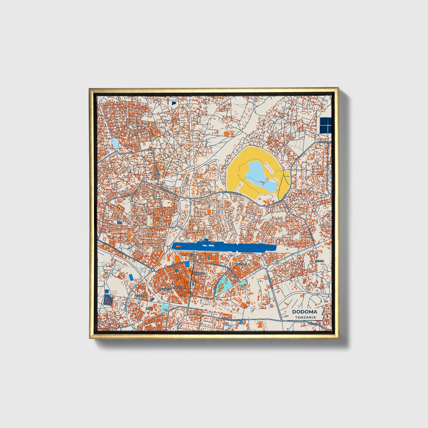 Dodoma Tanzania Colorful City Map Canvas Print • Gold Framed
