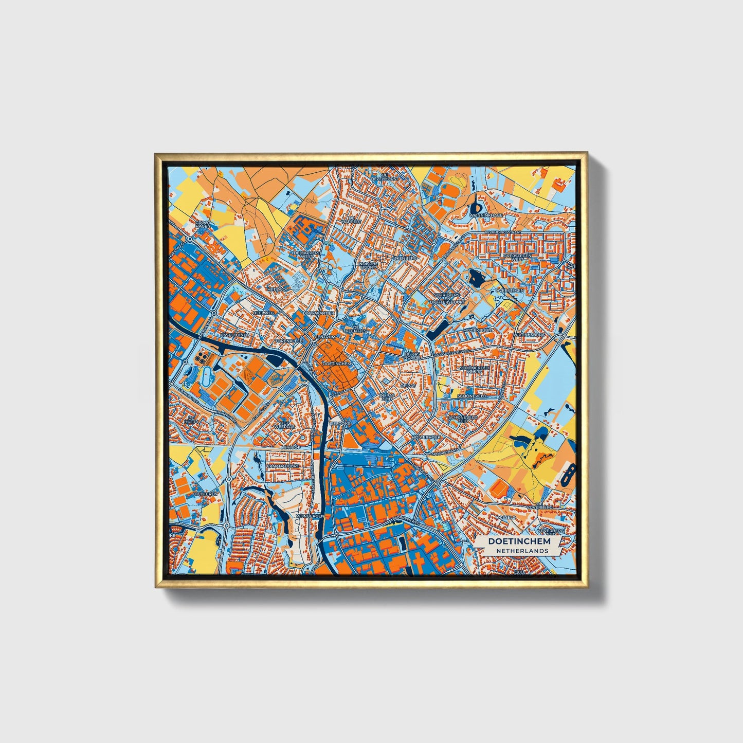 Doetinchem Netherlands Colorful City Map Canvas Print • Gold Framed