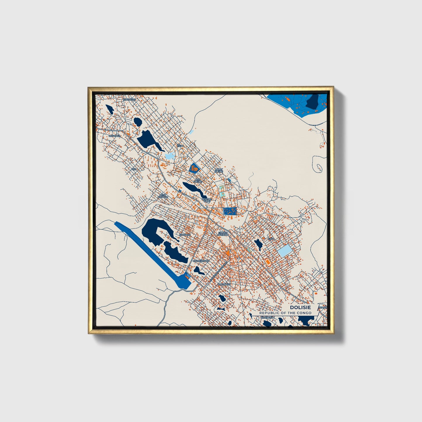 Dolisie Republic Of The Congo Colorful City Map Canvas Print • Gold Framed