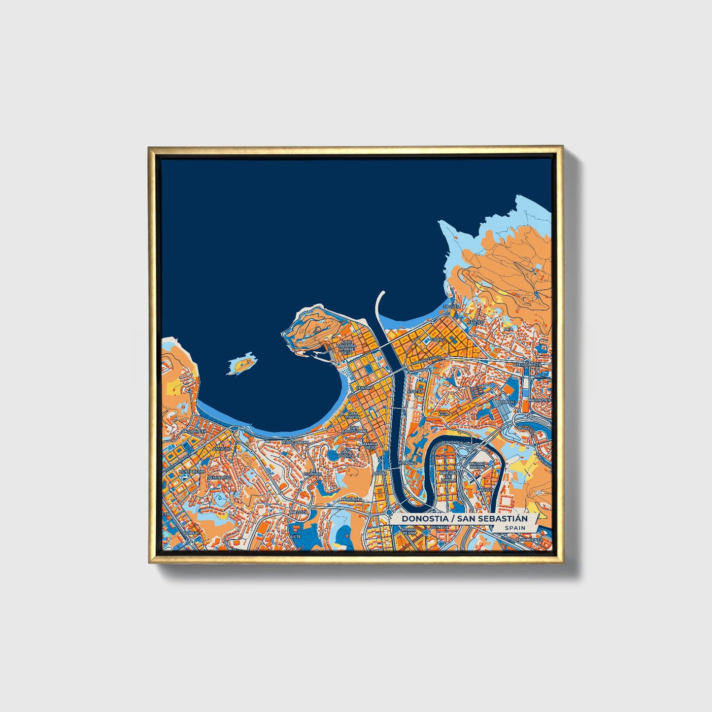 Donostia / San Sebastián Spain Colorful City Map Canvas Print • Gold Framed