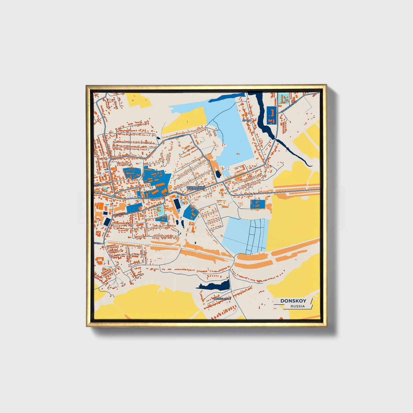 Донской Russia Colorful City Map Canvas Print • Gold Framed