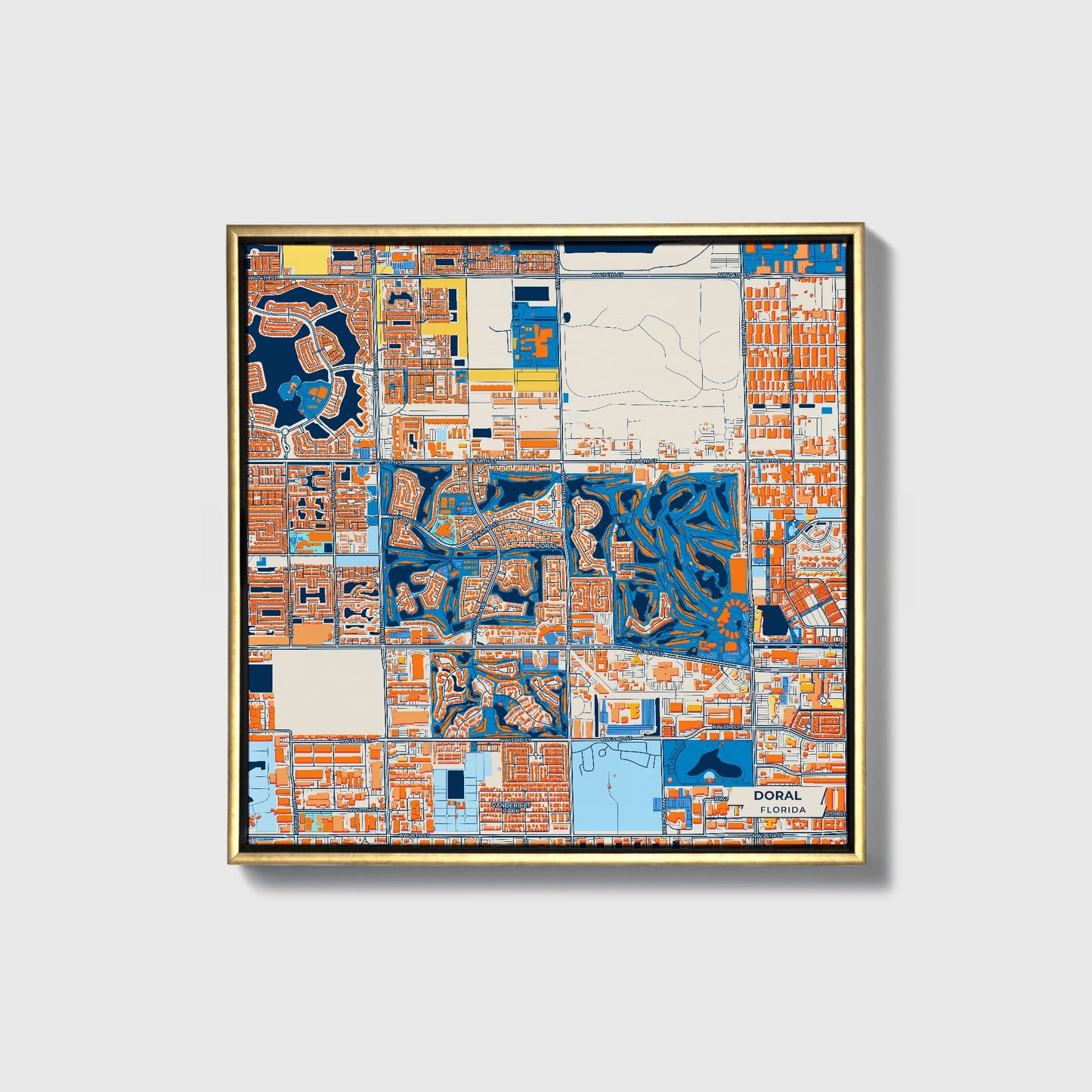 Doral Florida Colorful City Map Canvas Print • Gold Framed