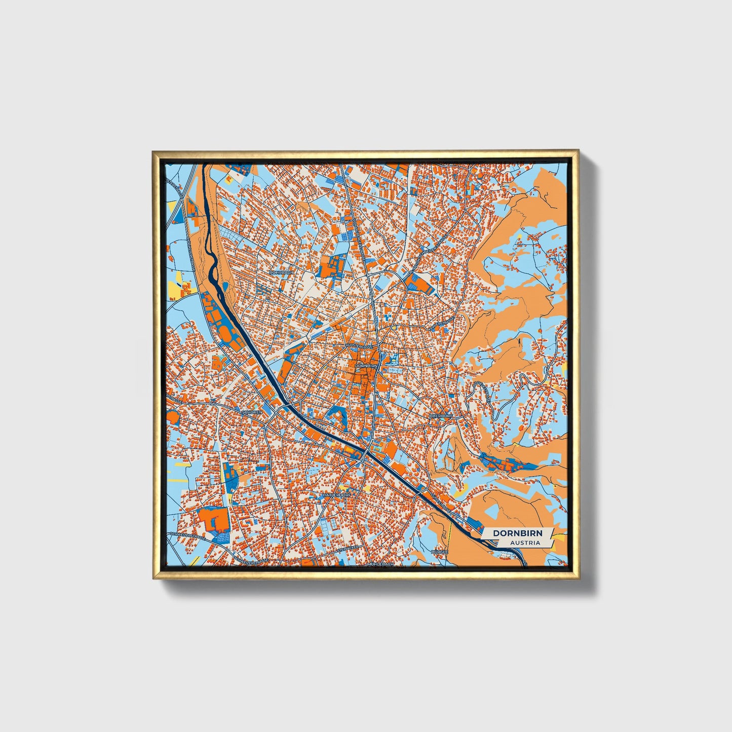 Dornbirn Austria Colorful City Map Canvas Print • Gold Framed