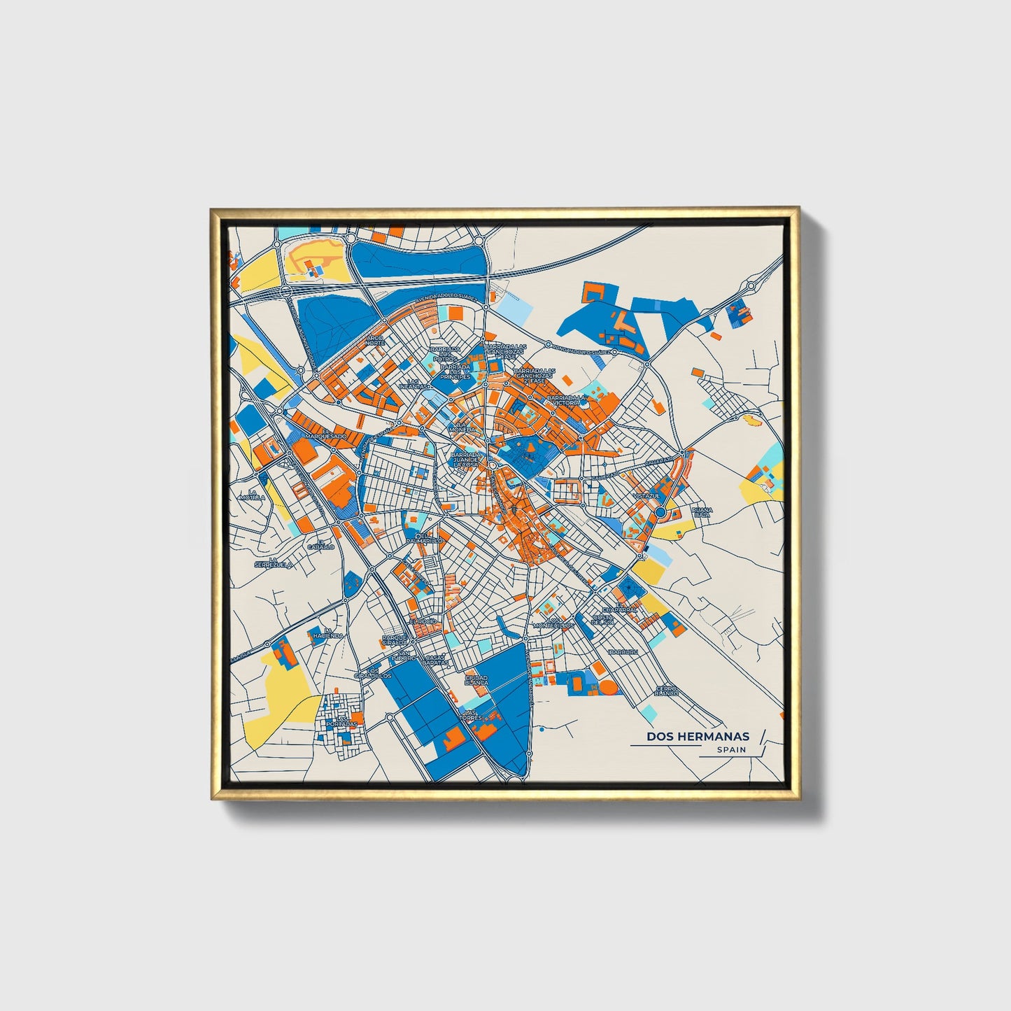 Dos Hermanas Spain Colorful City Map Canvas Print • Gold Framed