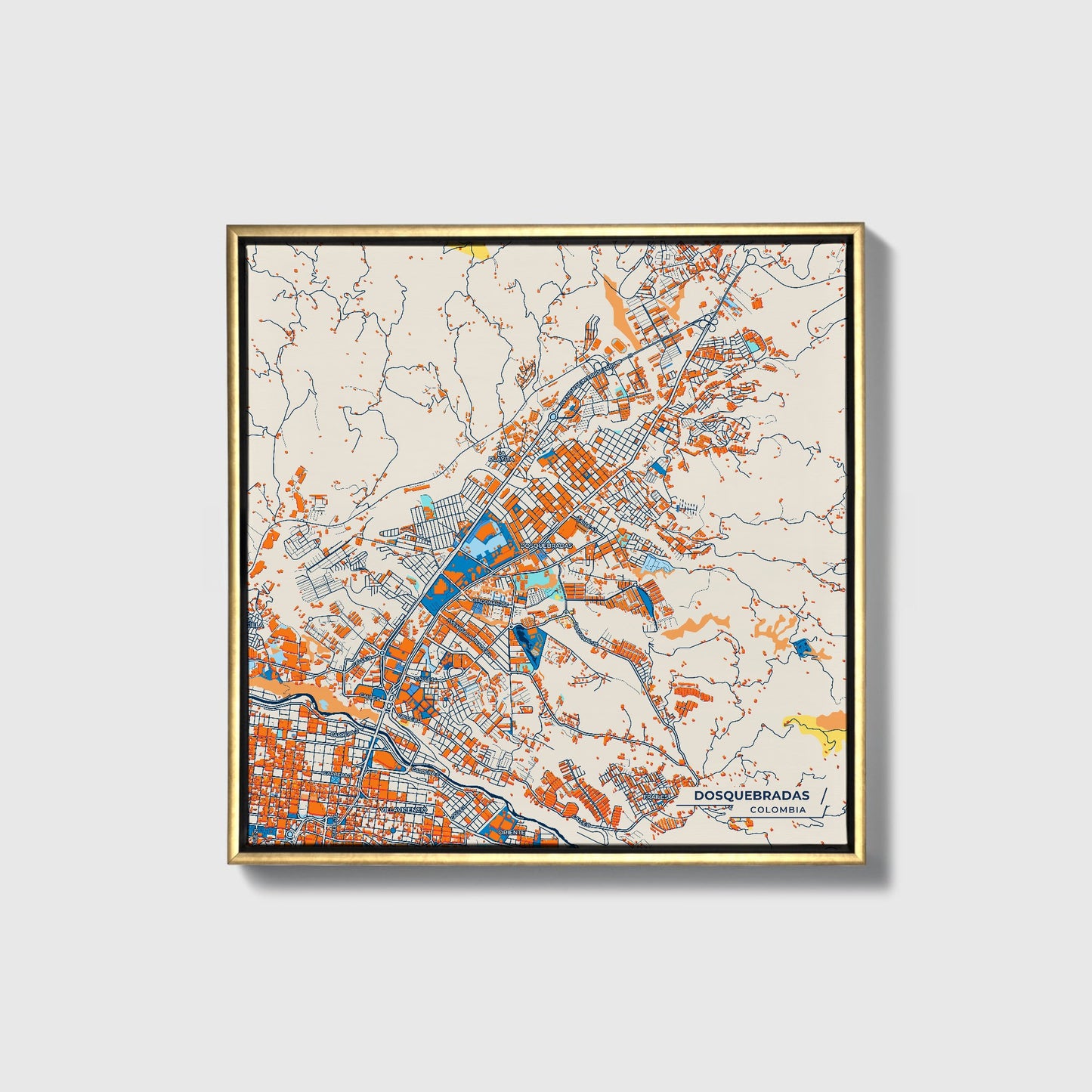 Dosquebradas Colombia Colorful City Map Canvas Print • Gold Framed